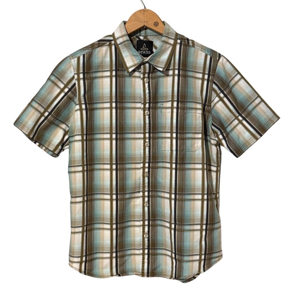 prAna Button-Up Shirt Mens Size S Plaid Blue Brown White Short Sleeve